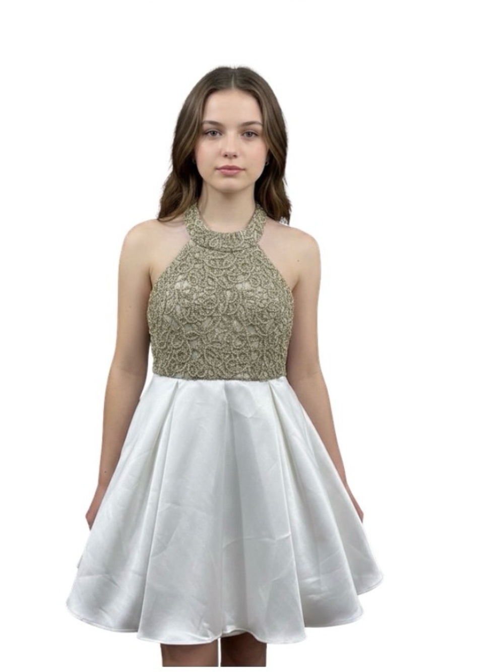 Halter Lace Bodice Party Dress in Gold and White